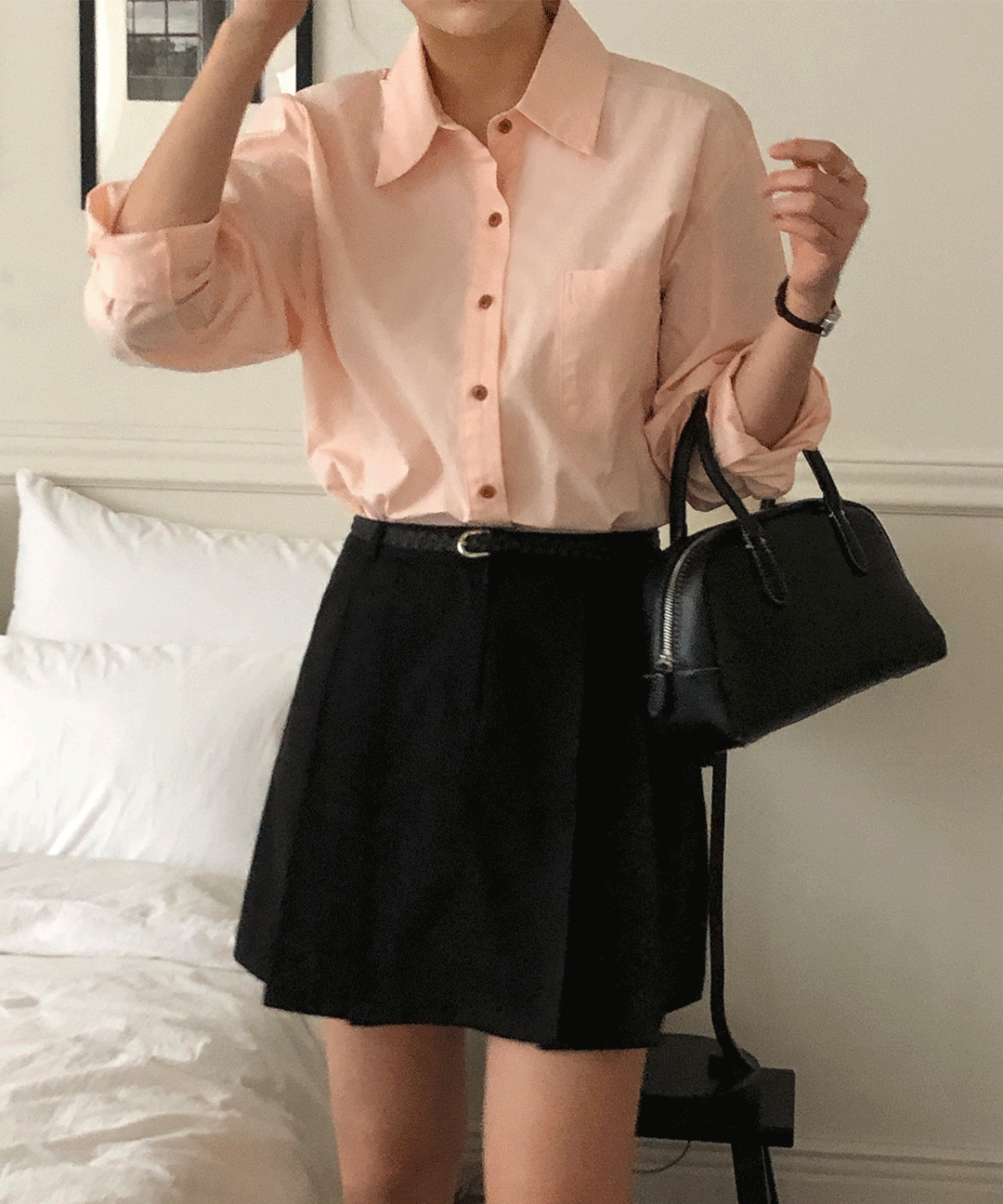 (아이, 핑크) 우드 포인트 루즈핏 셔츠