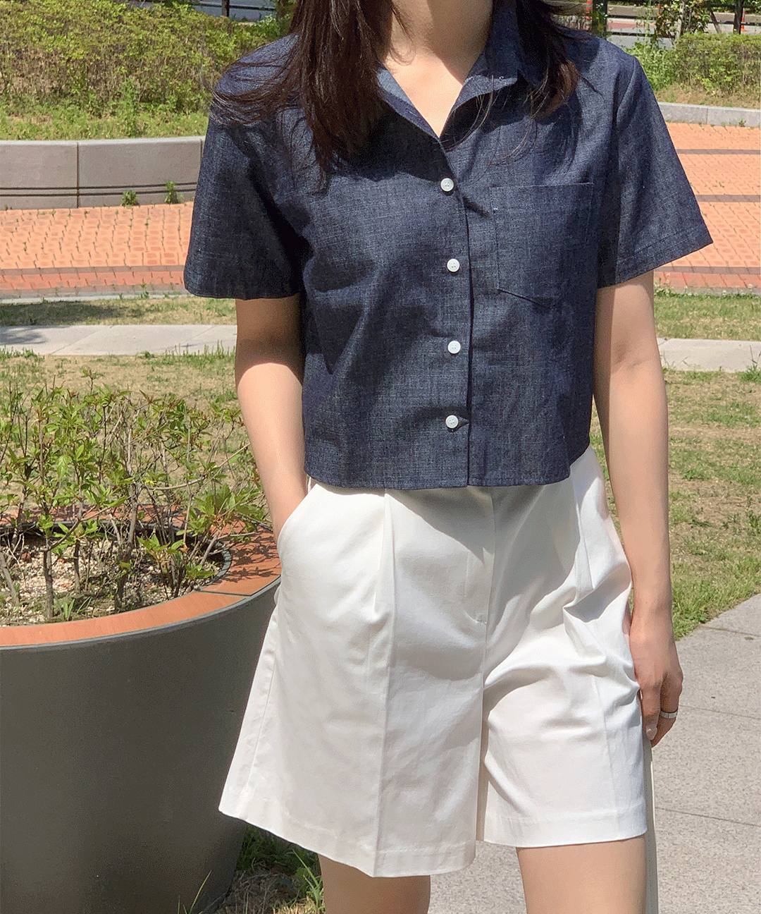 팬시 크롭 반팔 데님 셔츠