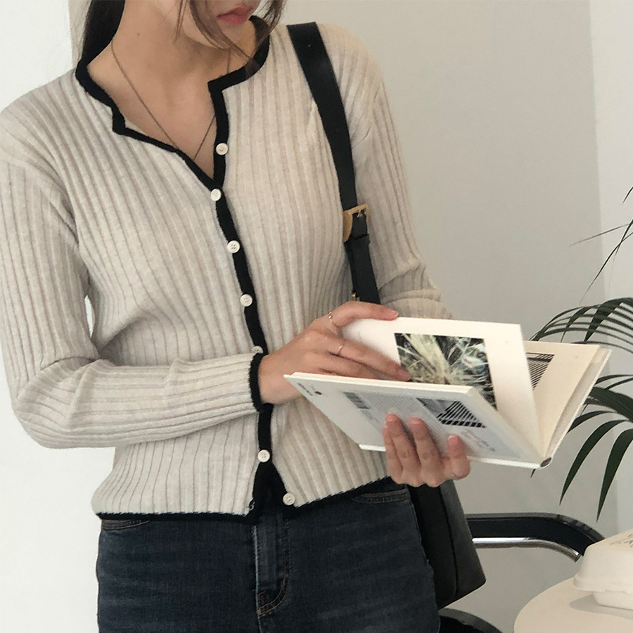 라인 배색 골지 가디건 3color